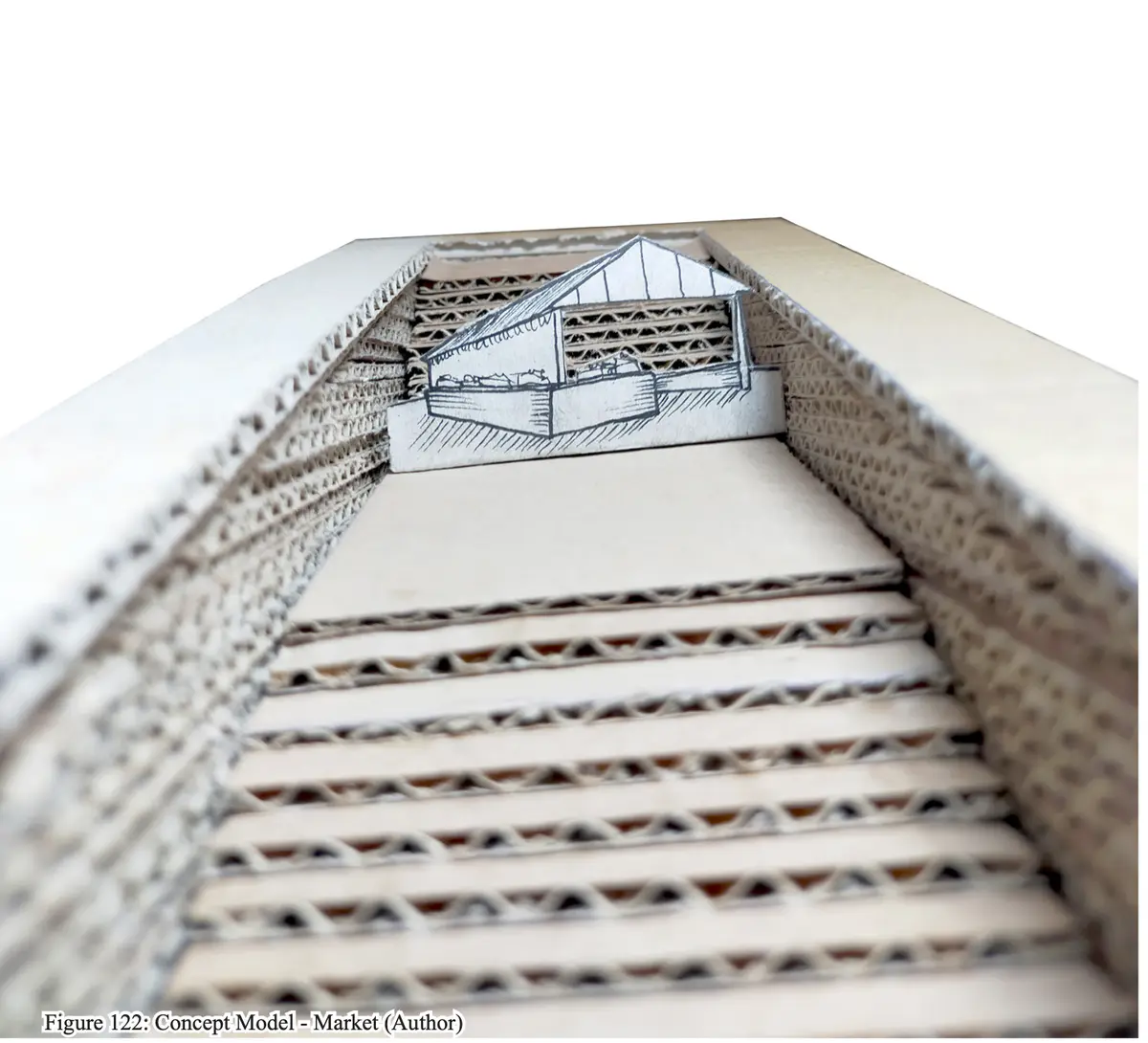 Concept Model - The model represents the idea of digging into the High Street itself. The idea was to drastically alter the form of the High Street to a point that it altered the ways that people in Dudley would live their day-to- day, changing the theatre of their lives, so that they could learn about their own history, their legacy, and about the endless possibilities of Dudley’s future. The idea was inspired by the word “Cut”, which in Black Country Dialect means “Canals”, as they were long cuts through the land. 

Dudley’s fountain represents the Middle Ages, showing the growth of Dudley over time. While it was the Capital of the Black Country (and still is), the Middle Ages is when Dudley saw itself come into it’s own place, being recognised as a big market town, and slowly expanding it’s territories and influence.

The Castle represents the Dudley Castle, built in the 11th Century. Ruling over the land, the Castle is a key component of the Legacy of Dudley, sitting on the highest point for miles around, rich with history, from Being demolished twice, to the civil war, to now watching over the Zoo.

The factories represent the Industrial Revolution era of Dudley, a time when Dudley was the king of England, and basically ran the entire process. It was an important aspect of Dudley’s Legacy, and sits as probably its crowning glory - even if today we can recognise the disastrous affects it had on the world in the short period of time the era passed.

The Market represents the modern day. Dudley has seen better years, but it is with this project that I propose that even better ones are just around the corner. While people don’t look fondly at Dudley, those from there have a fierce dedication to the legacy of Dudley, which hopefully will burn to a brighter future. - Oscar Law Concept Model - Market.png